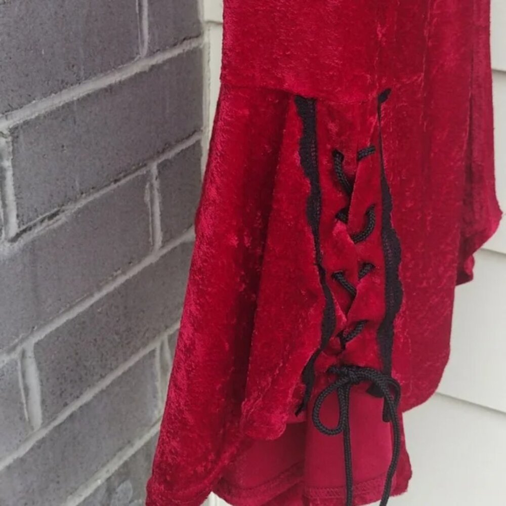 90s Lip Service Hi Low Red Velvet Laced Top with Bell Sleeves Small - Picture 9 of 14